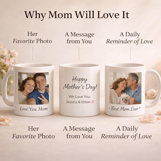 Personalized Coffee Mug for Mom, Custom Mug with Photo Text Logo, Ceramic Coffee Mugs for Mothers Day Gifts, Birthday Gifts for Mom Grandma, Personalized Gifts for Women 11oz (White)