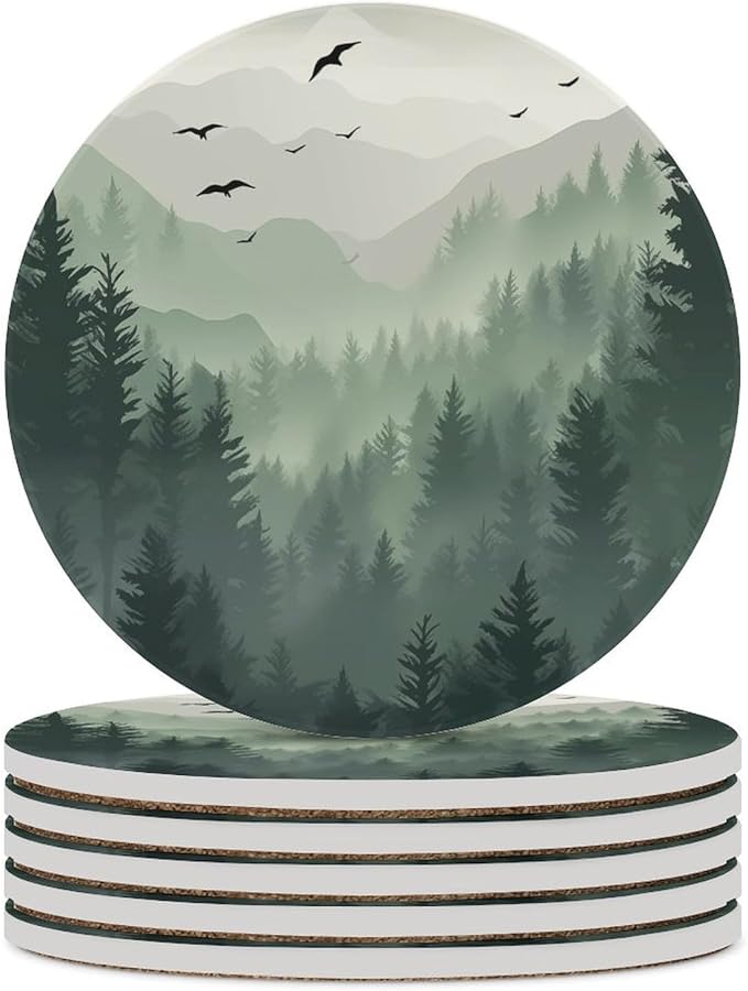 Round-6PCS Forest Ceramic Coasters, Round Absorbent Drink Coasters, Watercolor Green Forest Flying Birds Nature Mountain Tree Woodland Ceramic Table Coasters for Coffee, Beverage, Wine, Beer Coasters