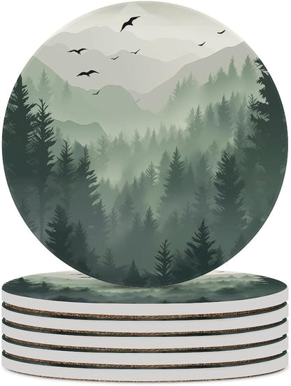 Round-6PCS Forest Ceramic Coasters, Round Absorbent Drink Coasters, Watercolor Green Forest Flying Birds Nature Mountain Tree Woodland Ceramic Table Coasters for Coffee, Beverage, Wine, Beer Coasters