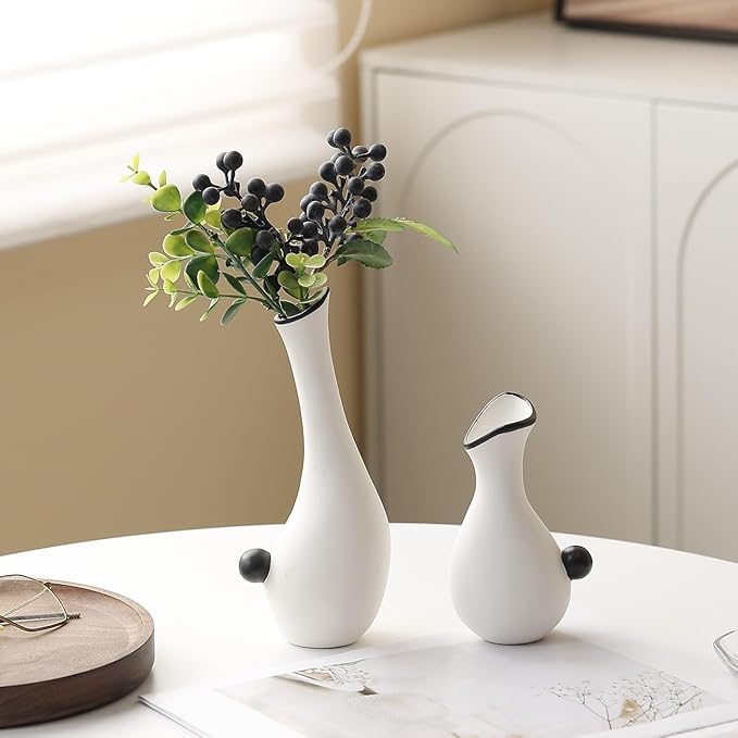 Ceramic Duck Flower Vases Set of 2 - Modern Minimalist Abstract Goose Statues for Home Decor - Cute Small Bud Vase for Centerpieces, Bookshelf, Mantle, Entryway Table(Black)