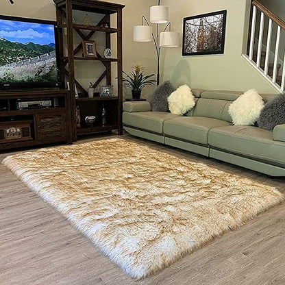 LAMBZY High Pile Super Soft Faux Sheepskin Rug (White/Brown, 2'x3')