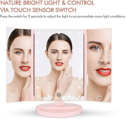Tri-fold Lighted Vanity Makeup Mirror with 3x/2x Magnification,21 LED Lights and Touch Screen,180 Degrees Free Rotation Countertop Cosmetic Mirror,Travel(Pink)