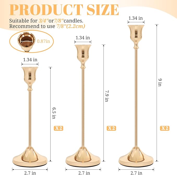 Candlestick Holders 6 PCS, Metal Taper Candle Holder, Gold Candle Holders for Pillar Candles, Vintage Dining Table Centerpiece Decorations for Wedding Party Christmas Halloween Decor