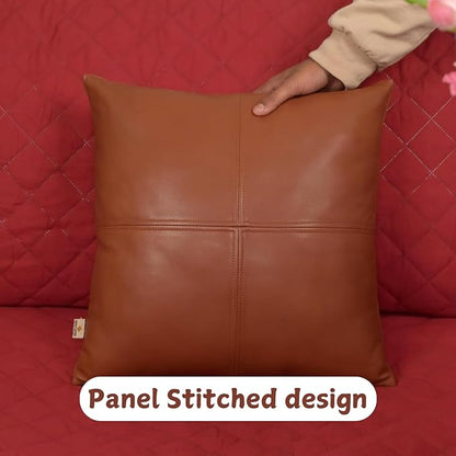 Lambskin Leather Pillow Cover, Hand Panel Stitched Leather Decorative Throw Pillow Covers for Couch Sofa Bed Living Room Garden (14x14 Inches, Brown Pack of 2)