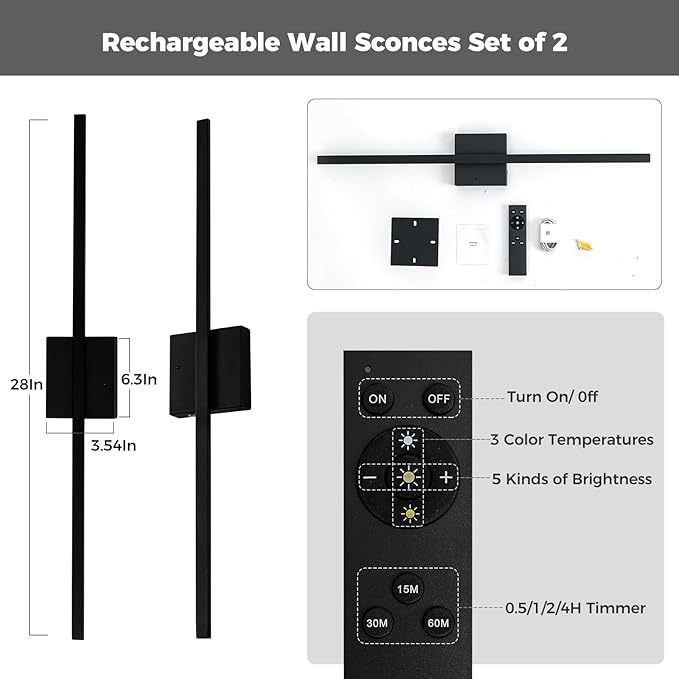 Black Battery Operated Wall Sconces Set of two Wireless，Modern Rechargeable Wall Lights Set of 2 with 10000mAh，Dimmable Led Wall Lamps for Living Room Bathroom Bedroom Hallway Bedside Headboard