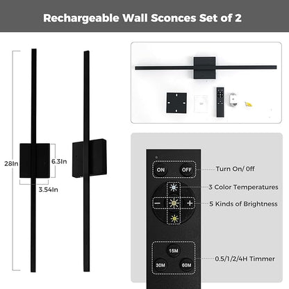 Black Battery Operated Wall Sconces Set of two Wireless，Modern Rechargeable Wall Lights Set of 2 with 10000mAh，Dimmable Led Wall Lamps for Living Room Bathroom Bedroom Hallway Bedside Headboard