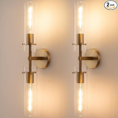 Brass Gold 2-Light Knurled Wall Sconce, Dual-Head Vanity Lamp Set of Two with Clear Glass Tube, Bathroom Wall Sconces, Wall Lights for Living Room Bedroom Hallway Kitchen Bathroom Mirror