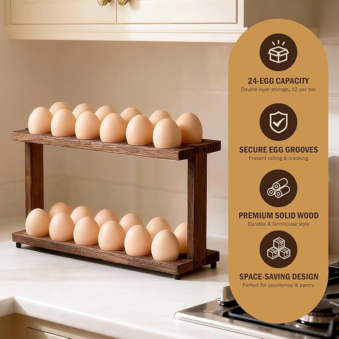 PEKER Wooden Egg Holder, 2-Tier Countertop Egg Rack, 24-Egg Capacity (Paulownia Wood), Farmhouse Kitchen Organizer for Fresh Eggs