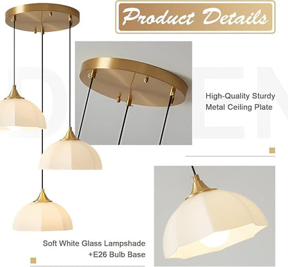 3 Light Cluster Pendant Lighting Gold Milk Glass Chandelier Brushed Brass Pendant Lights Kitchen Island Adjustable Hanging Dining Room Lighting Stairwell Brass Cluster Chandelier MPL17-3R GDN