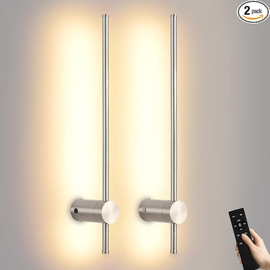 Battery Operated Wall Sconces with Remote, Dimmable 3000K-6000K/Timer/Memory LED Wall Lamp, 350°Rotate, USB Rechargeable Wireless wall lights for Living Room, Bedroom Brushed Nickel 23.6" (2 Pack)