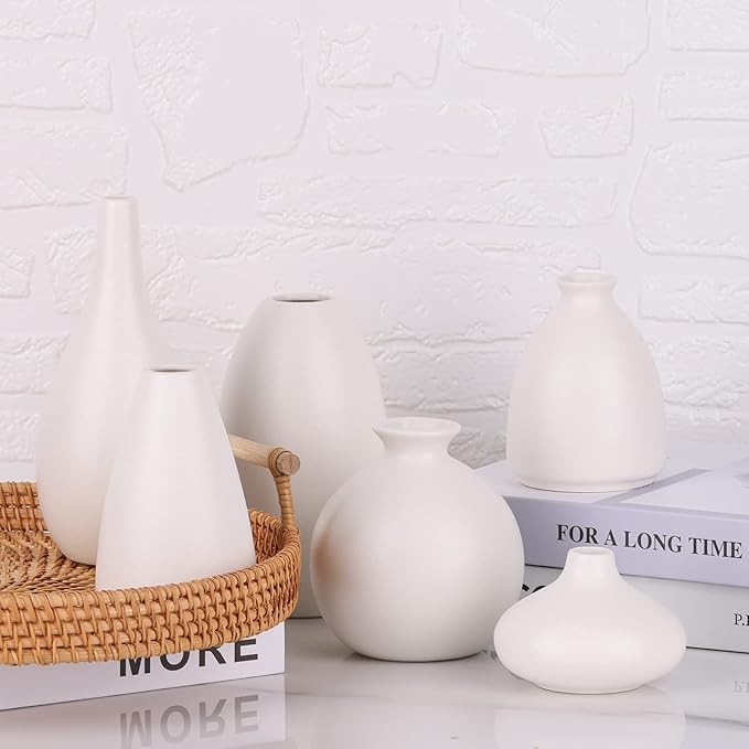 Set of 6 Matte White Small Vases for Flowers, Ceramic Bud Vase Bulk Boho Centerpieces for Tables, Mini Short Vase Modern Bulk Wedding Centerpieces Ikebana Vases for Bridal Shower/House Warming Gift