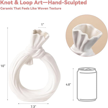 White Ceramic Vase with Knot & Loop Design - 10" Unique Flower Vase for Pampas Grass & Centerpieces, Decorative Boho/Farmhouse Vase for Living Room, Office Desk & Housewarming Gift (for Her/Yourself)