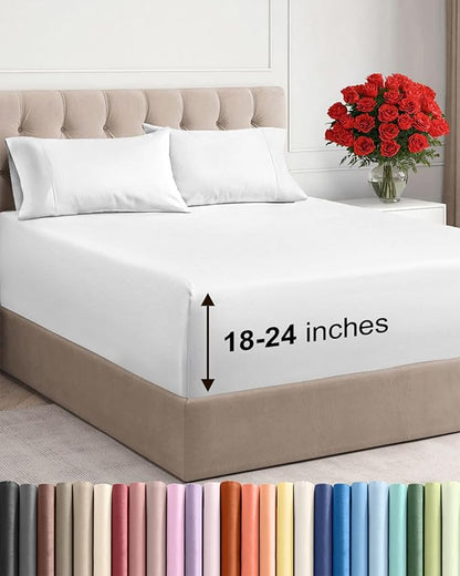Extra Deep Twin XL Sheet Set - 4 Piece Breathable & Cooling Sheets - Hotel Luxury Bed Sheets Set - Easy & Secure Fit - Soft, Wrinkle Free & Comfy Sheets Set - White Sheet Set with Extra Deep Pockets