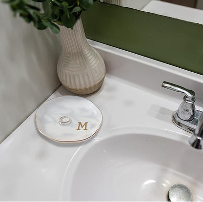 Initials Ring Dish Jewery Tray with Personalized M-Monogrammed Mother's Day Gifts Wedding Engagement for Women Friends sister,Ceramic White