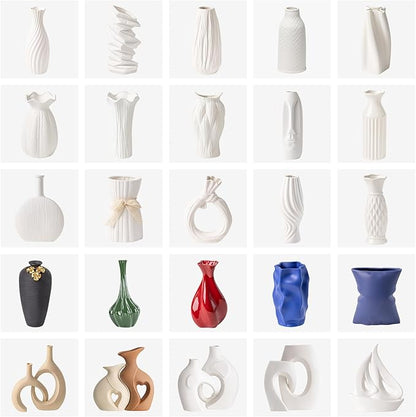 White Ceramic Vase with Lace Bow & Ribbed Texture - 7.7" Unique Flower Vase for Pampas Grass & Centerpieces, Farmhouse/Boho Decorative Vase for Living Room, Office Desk & Gift for Her/Yourself