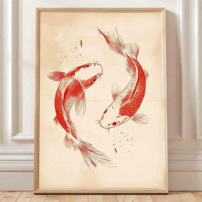 Red Koi Fish Wall Art Red Fish Painting Sea Animals Poster Vintage Animal Wall Art Neutral Beige Picture Japanese Koi Poster Chinese Canvas Oriental Aesthetic Modern Room Decor 16x24inch No Frame