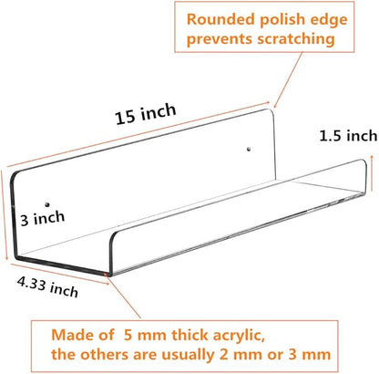 CY craft Clear Acrylic Floating Shelves Display Ledge, 5 MM Thick Wall Mounted Storage Shelf for Kitchen/Bathroom/Office,Invisible Kids Bookshelf and Spice Rack,15 Inch,Set of 4