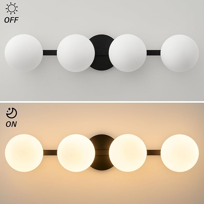 Bathroom Vanity Mirror Light Fixtures: 4 Lights Bath Wall Sconce Lighting - Black Vanity Lights with Milk Glass Shade - Modern Minimalist Makeup Light Fixture above Mirror for Hallway Bedroom E26 Base