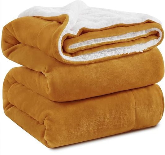 KAWAHOME Sherpa Fleece Queen Size Blanket for Bed - Extra Warm and Heavy Thick Blankets for Winter, Super Soft 500GSM Plush Blanket, 90"X 90" Ginger Yellow