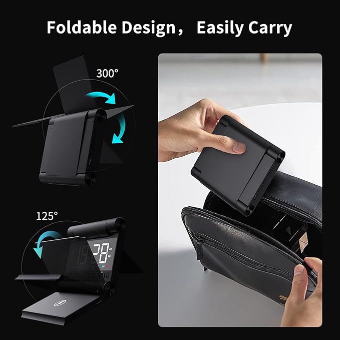 Alarm Clock with Wireless Charging for bedrooms, Heavy Sleepers, Travel, Teens, Digital Smart Desk Clock, Dual Alarms, 4 Level Brightness, Foldable Design,Build-in Battery
