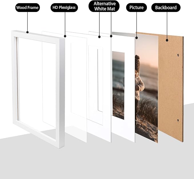 KINLINK 11x14 Picture Frame White, Solid Wood Frames with Acrylic Plexiglass for Pictures 5x7/8x10 with Mat or 11x14 without Mat, Tabletop and Wall Display, Set of 4