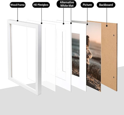 KINLINK 11x14 Picture Frame White, Solid Wood Frames with Acrylic Plexiglass for Pictures 5x7/8x10 with Mat or 11x14 without Mat, Tabletop and Wall Display, Set of 4
