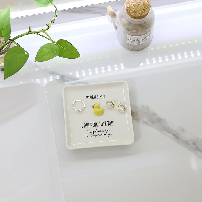 HOME SMILE Duck Ring Dish Tray-Inspirational Birthday Mothers Day Sister Gifts,Soul Sister Friend Gifts for Women Girls Presents for Sister-I Ducking Love You Sister