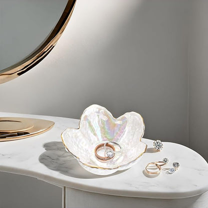 Flower Shape Ring Dish Jewelry Tray Organizer, Glass Accent Tray for Vanity, Small Decorative Trinket Dish, Pearl White