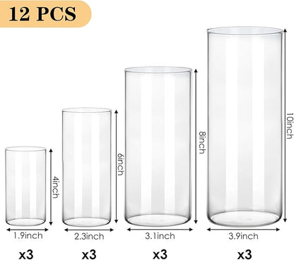 Fixwal 12pcs Clear Glass Cylinder Vases, 4, 6, 8, 10 Inch Tall Cylinder Vases for Centerpieces, Glass Flower Vase Floating Candle Holder Vase for Table Shelf, Party, Wedding, Home Decor