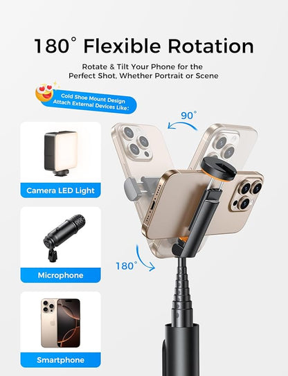 MAGIC JOHN 59" Automatic Pop-up Phone Tripod, Extendable Selfie Stick for iPhone, Selfie Stick Tripod with Detachable Remote, Flexible Rotation Travel Phone Stand Compatible with iPhone, Android
