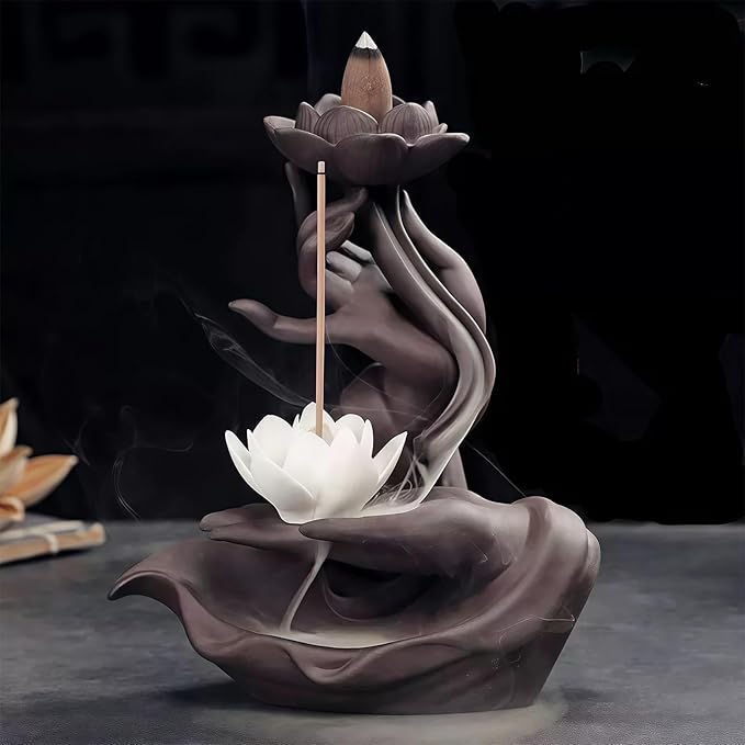 Lotus Backflow Incense Burner– Ceramic Cones Incense Holder with 60 Incense Cones + 30 Sticks + 1 Mat+1 Tweezers | Waterfall Incense Burner & Waterfall Fountain |
