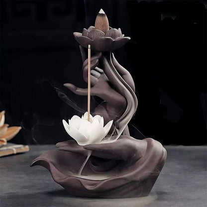 Lotus Backflow Incense Burner– Ceramic Cones Incense Holder with 60 Incense Cones + 30 Sticks + 1 Mat+1 Tweezers | Waterfall Incense Burner & Waterfall Fountain |