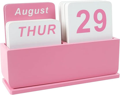 Wooden Block Perpetual Calendar for Desk, Daily Desktop Standing Flip Calendar with Large Display, Modern Farmhouse Aesthetic Desk Accessories for Home Office Decor, Reusable Yearly, Pink