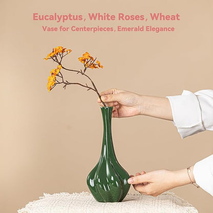 Christmas Decor Emerald Green Ceramic Vase with Fluted Texture - 9.1" Unique Flower Vase for Pampas Grass & Centerpieces, Decorative Boho/Farmhouse Vase for Living Room, Office & Gift for Her/Yourself