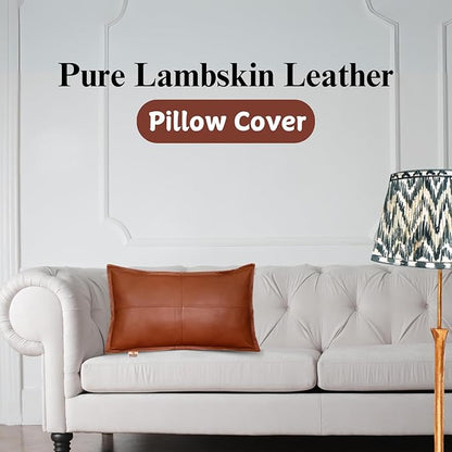 100% Lambskin Leather Pillow Cover - Sofa Cushion Case - Decorative Throw Covers for Living Room & Bedroom, 20X28 Inch - Camel Antique Box Pack of 1