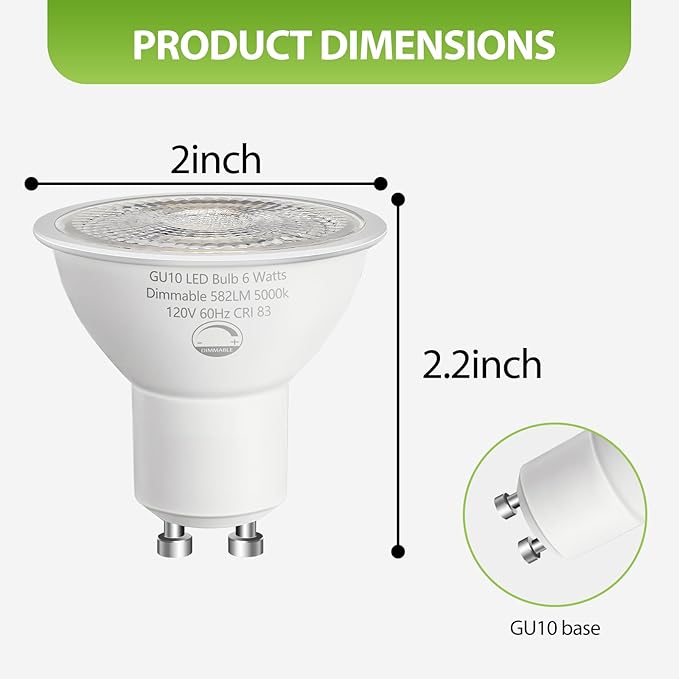 12 Pack GU10 LED Light Bulbs, 6W Dimmable, 50W Equivalent, 582LM 5000K Daylight