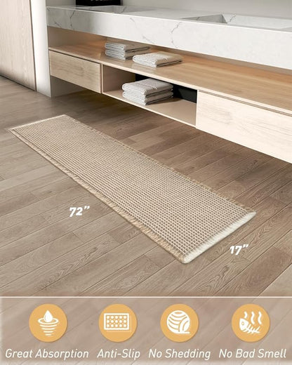 AMOAMI Upgraded Waffle Runner Rug Super Absorbent Non Slip Bath Mats for Bathroom Machine Washable Bathroom Runner Rug with Tassels, Ideal for Hallway Bedroom Laundry Room, 17" x 72", Brown & Cream