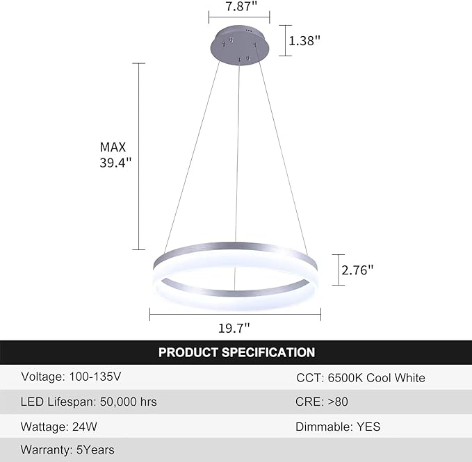 Buccleuch Dimmable 3-Ring LED Chandelier, Height Adjustable Modern Silver Pendant Light, ETL-Certified Flush Mount Acrylic Ceiling Light for Dining Room Living Room Bedroom Foyer, 3000K-6500K
