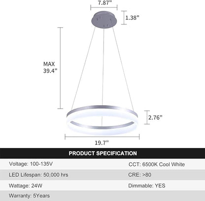 Buccleuch Dimmable 3-Ring LED Chandelier, Height Adjustable Modern Silver Pendant Light, ETL-Certified Flush Mount Acrylic Ceiling Light for Dining Room Living Room Bedroom Foyer, 3000K-6500K