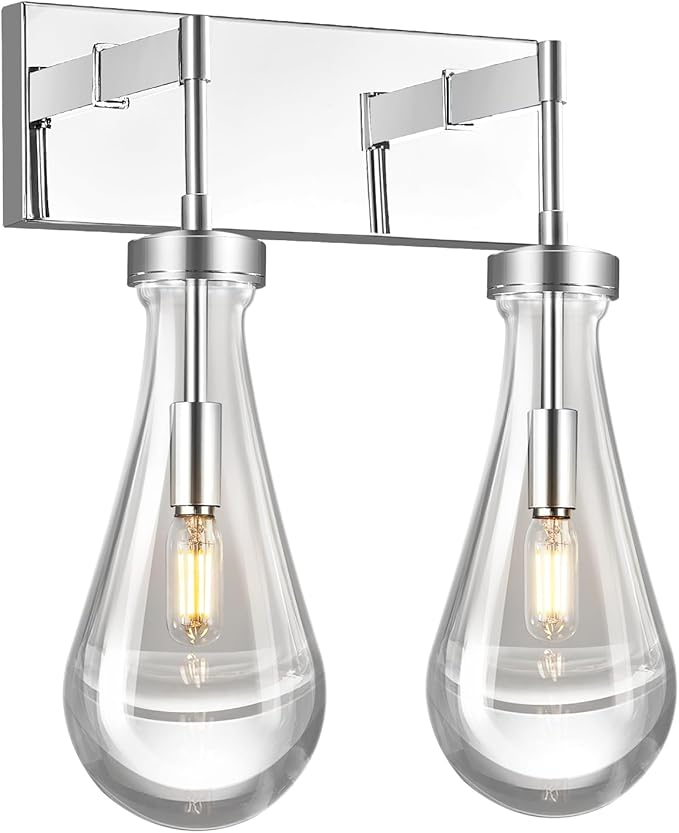 Raindrop Wall Sconces Chrome Crystal Sconces Wall Decor Modern Lighting Glass Bathroom Sconces Indoor Vanity Light Wall Lamp for Bedroom Living Room Stair(2-Light)