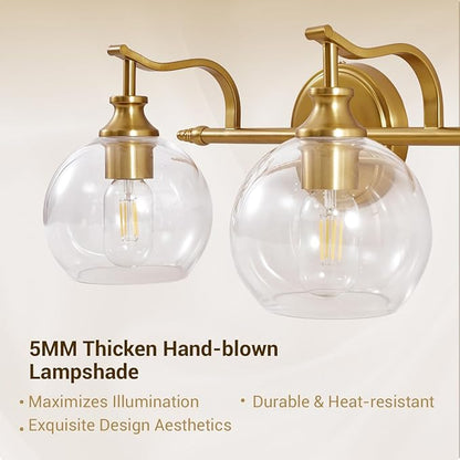 ANDY STAR Brass Vanity Light, Gold Bathroom Light Fixtures 4 Lights, 27.8 Inch Vintage Bathroom Sconces, Brushed Brass Vanity Lighting with Globe Clear Glass Shade, E26 Base (Bulbs Not Included)
