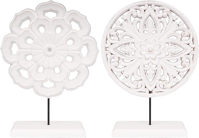 AXEARTE 2 Pack Wooden Carved Cutout Flower Medallion Sculpture, Rustic Distressed White MDF Statues Home Tabletop Decor, Decorative Ornaments for Living Room, Bedroom, Office Desktop, Cabinets