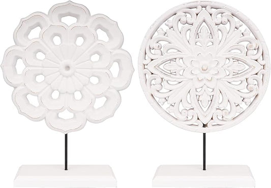 AXEARTE 2 Pack Wooden Carved Cutout Flower Medallion Sculpture, Rustic Distressed White MDF Statues Home Tabletop Decor, Decorative Ornaments for Living Room, Bedroom, Office Desktop, Cabinets