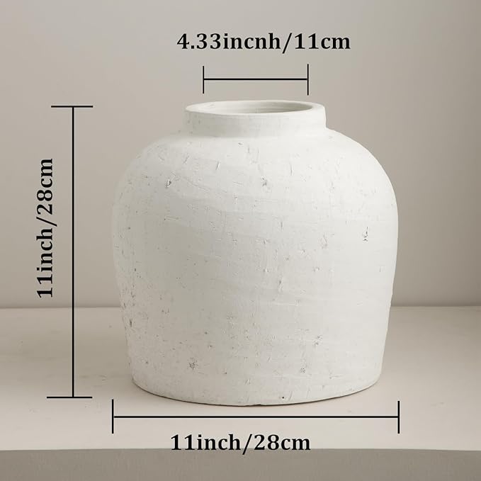 Large Ceramic Vase, 11" Rustic Farmhouse Terracotta Vase for Home Decor, Handicraft Decorative Flower Vase for Living Room, Table Centerpiece, Bedroom (Rustic White)