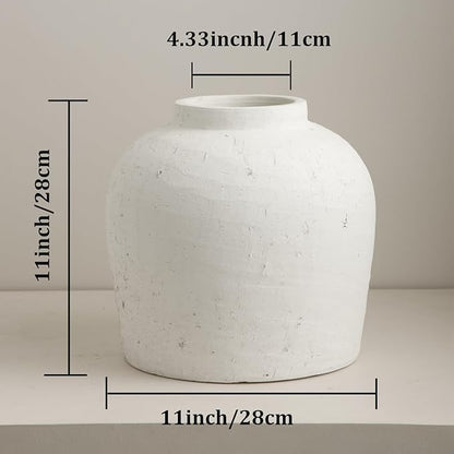 Large Ceramic Vase, 11" Rustic Farmhouse Terracotta Vase for Home Decor, Handicraft Decorative Flower Vase for Living Room, Table Centerpiece, Bedroom (Rustic White)