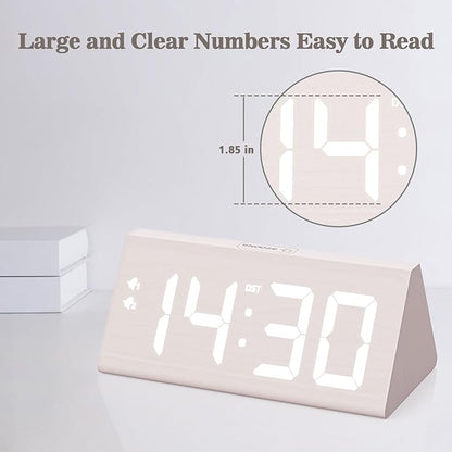 Wooden Digital Alarm Clock with Dual USB Charging Ports, DST, Dimmable, Snooze, Modern Large Time Display LED Clock for Kids Bedrooms, Living Room, Desk, Table, Bedside, Nightstand (White)