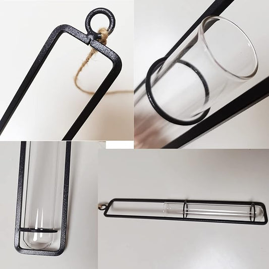 3 Pieces Hanging Glass Hydroponic Planter Transparent Test Tube Plant Vase Terrarium Container for Indoor Outdoor Modern Home Decoration (Black)