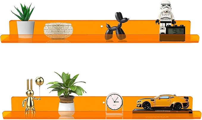 ROYALITA 24 Inches Acrylic Floating Book Shelves Wall Mounted Set of 2, Wall Hanging Plant Display Shelves, Room Decor Floating Wall Shelves for Gaming Room, Bedroom, Living Room, Office, Orange