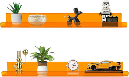 ROYALITA 24 Inches Acrylic Floating Book Shelves Wall Mounted Set of 2, Wall Hanging Plant Display Shelves, Room Decor Floating Wall Shelves for Gaming Room, Bedroom, Living Room, Office, Orange