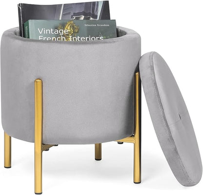 Adeco Upholstered Tufted Round Storage Ottomans, Grey Modern Velvet Footrest Ottomans with Storage for Couch